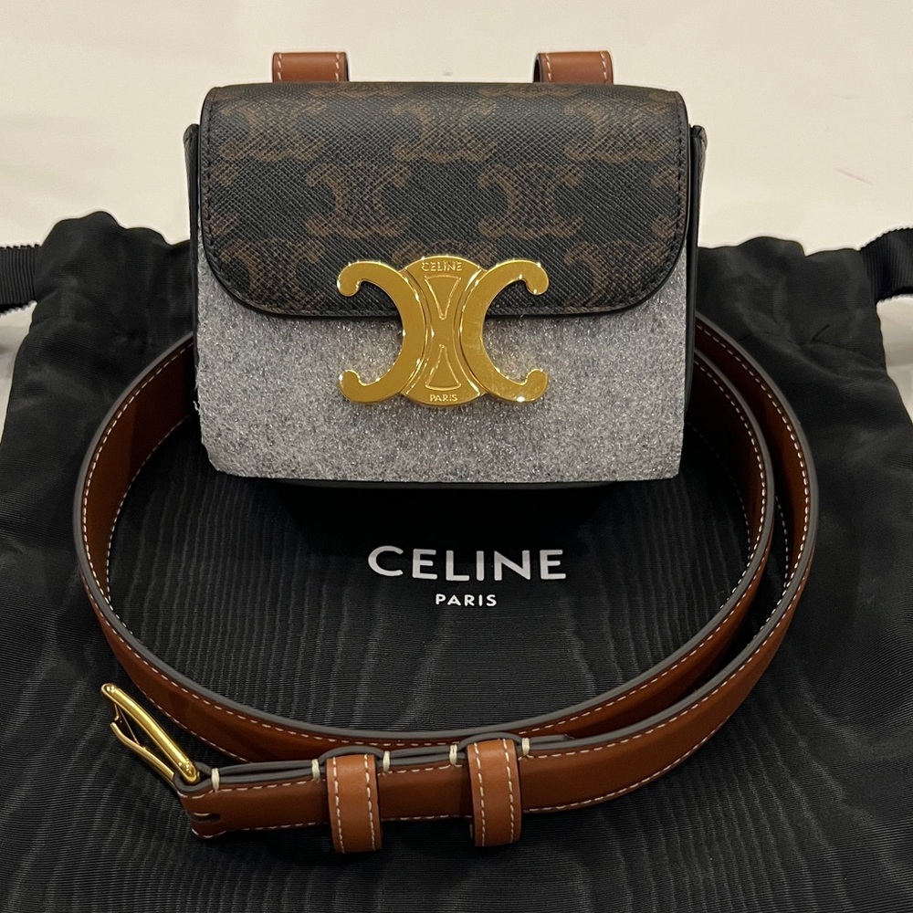 Celine Gray and Brown Belt Bag with Gold Logo
